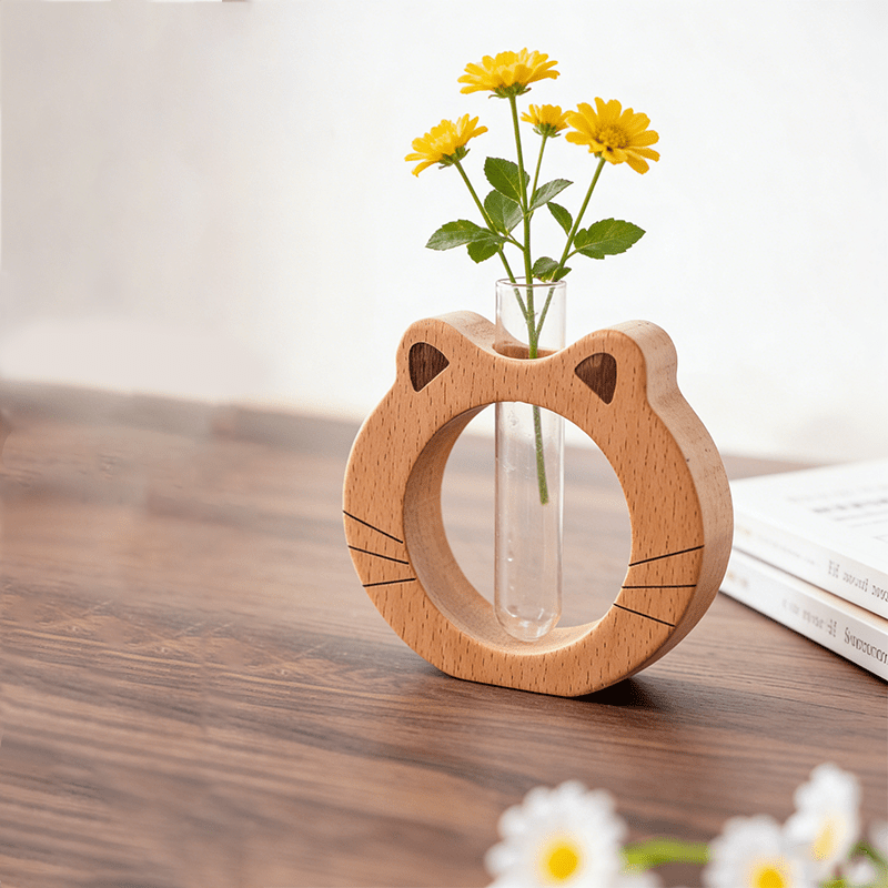 A Modern And Stylish Wooden Vase with a Cute Cat-Shaped Round Base, Featuring a Glass Tube for Transparent Flower Hydroponics. This Plant Hydroponic Vase Is Perfect for Home Decor, Hotel Apartments, And Office Desktop Ornaments