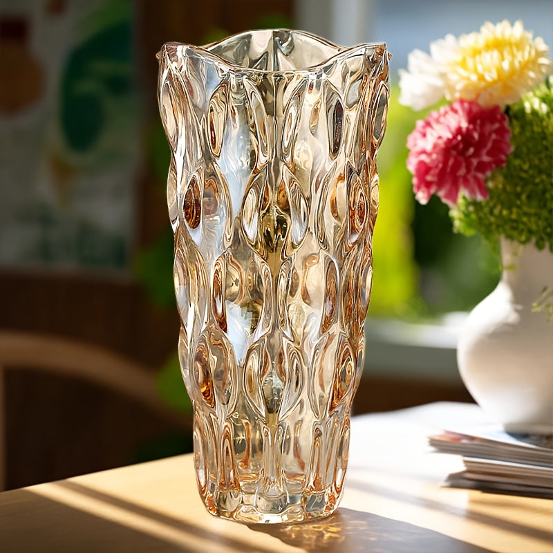 1pc Vintage Bohemian Crystal Glass Vase with Diamond Cut Patterns & Glossy Finish – 9-Inch Trumpet-Shaped Home Decor for Weddings, Table Centerpieces, and Elegant Floral Arrangements