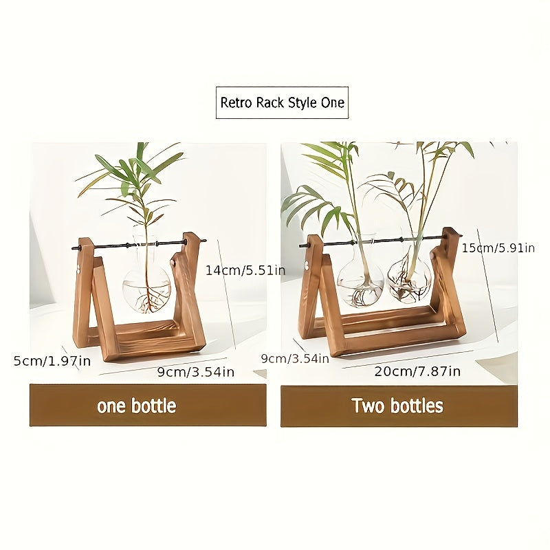 1pc Creative Wooden Stand and Hydroponic Glass Vase, Pothos Plant Vase Decoration, Indoor Desktop Ornament, Office Decorative Accessory
