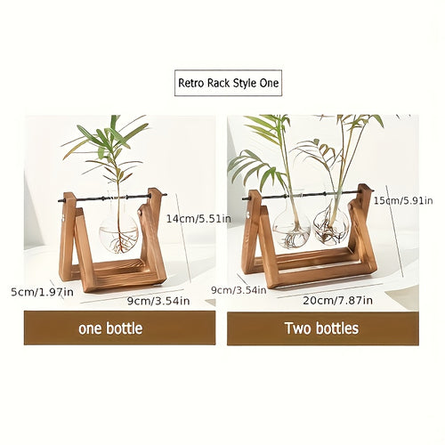 1pc Creative Wooden Stand and Hydroponic Glass Vase, Pothos Plant Vase Decoration, Indoor Desktop Ornament, Office Decorative Accessory
