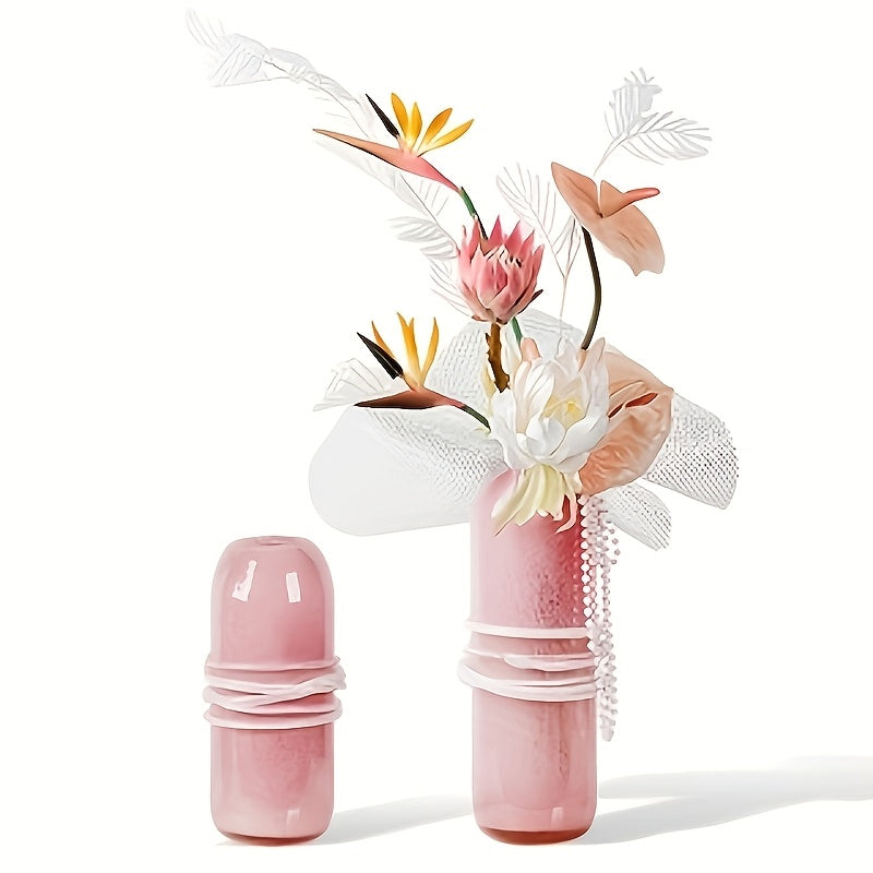 Modern Minimalist Pink Glass Vase Suitable for Living Room Decor - Retro Round Cylinder Flower Vase with Glass Body, Elegant Centerpiece for Arrangements, Wedding,, Table Centerpiece, Glass Flower Holder
