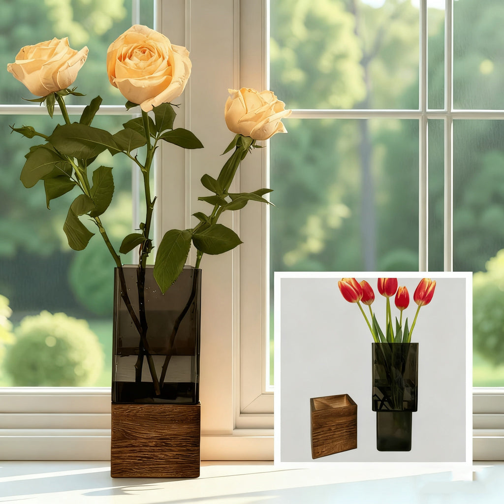 An Elegant Art Glass Vase with a Wooden Base - a High-Quality And Durable Decorative Accent | The Perfect Gift for Housewarming, Christmas, Birthdays, And Holidays | Suitable for Fresh\u002FDried Flowers, Living Room Tables, Dining Centerpieces