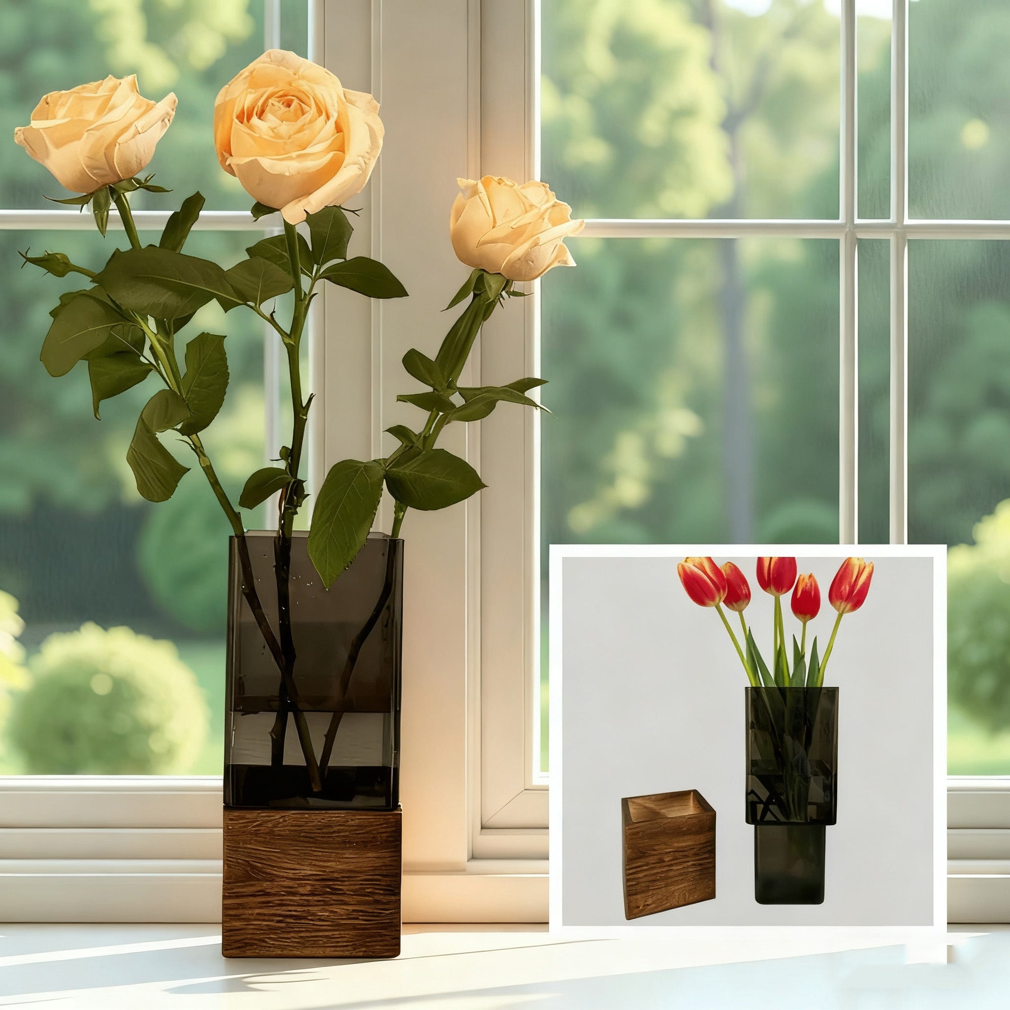 An Elegant Art Glass Vase with a Wooden Base - a High-Quality And Durable Decorative Accent | The Perfect Gift for Housewarming, Christmas, Birthdays, And Holidays | Suitable for Fresh\u002FDried Flowers, Living Room Tables, Dining Centerpieces