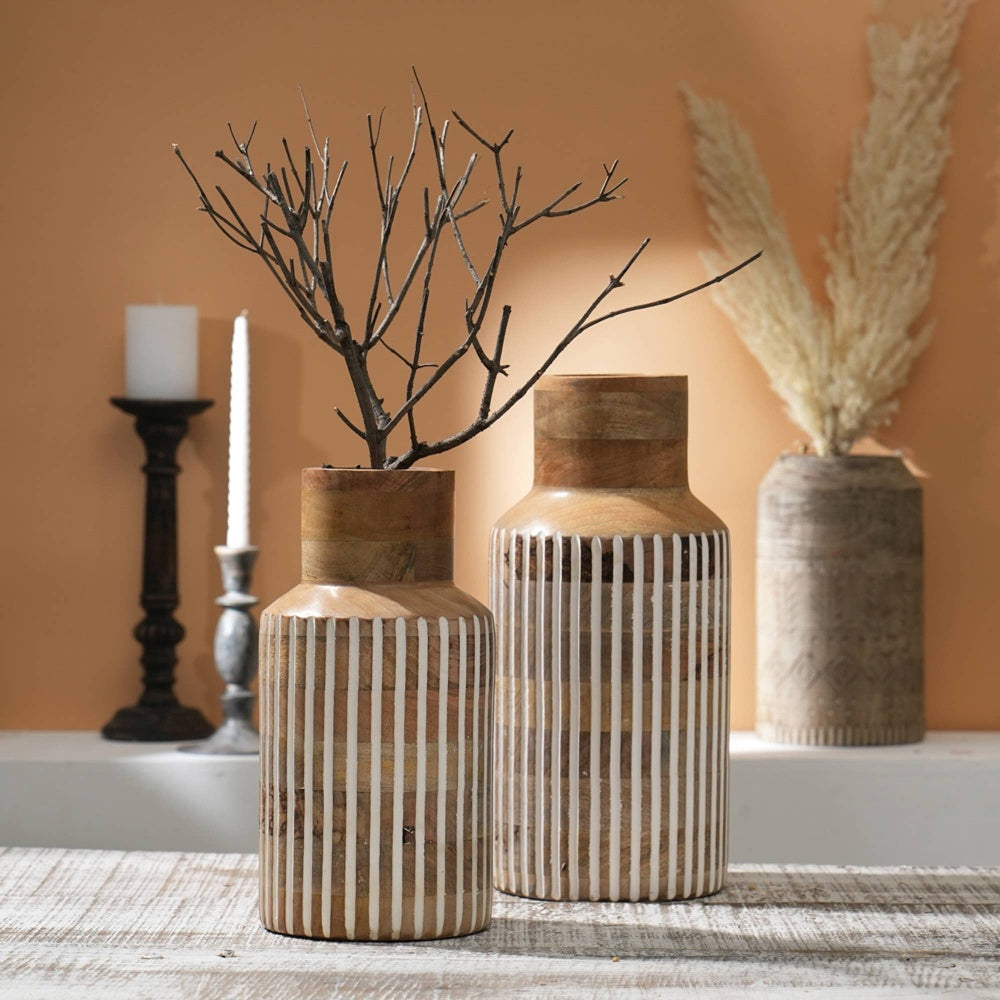 Handcrafted Large Wood Vase - Tall Cylindrical Wood Flower Vase with Grain, Rustic Modern Farmhouse Centerpiece for Living Room, Dining Table, Entryway - Wood Vase 7.5x15.5\