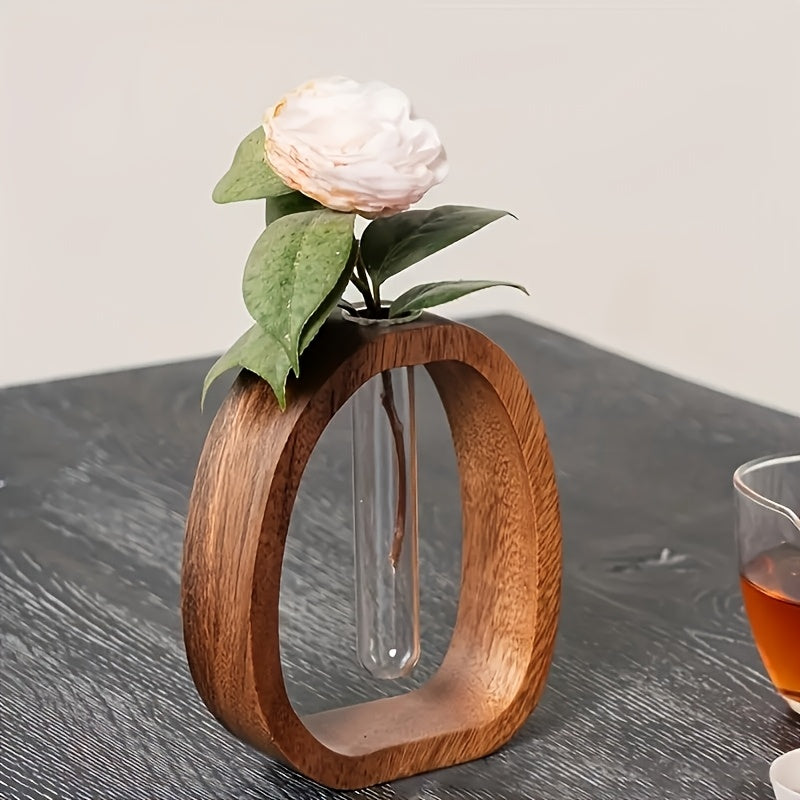 Walnut Wood Glass Flower Vase with Test Tubes | Modern Hydroponic Planter for Fresh Cut Flowers | Handcrafted Tabletop Decor for Home, Office, Farmhouse Style