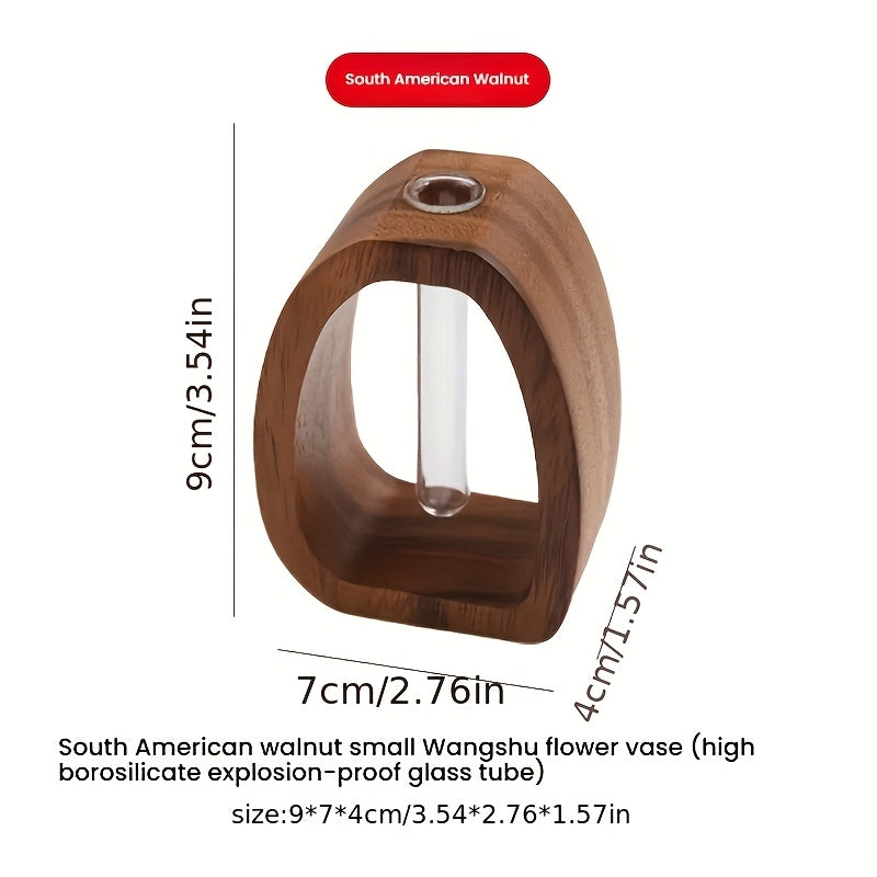 Walnut Wood Glass Flower Vase with Test Tubes | Modern Hydroponic Planter for Fresh Cut Flowers | Handcrafted Tabletop Decor for Home, Office, Farmhouse Style