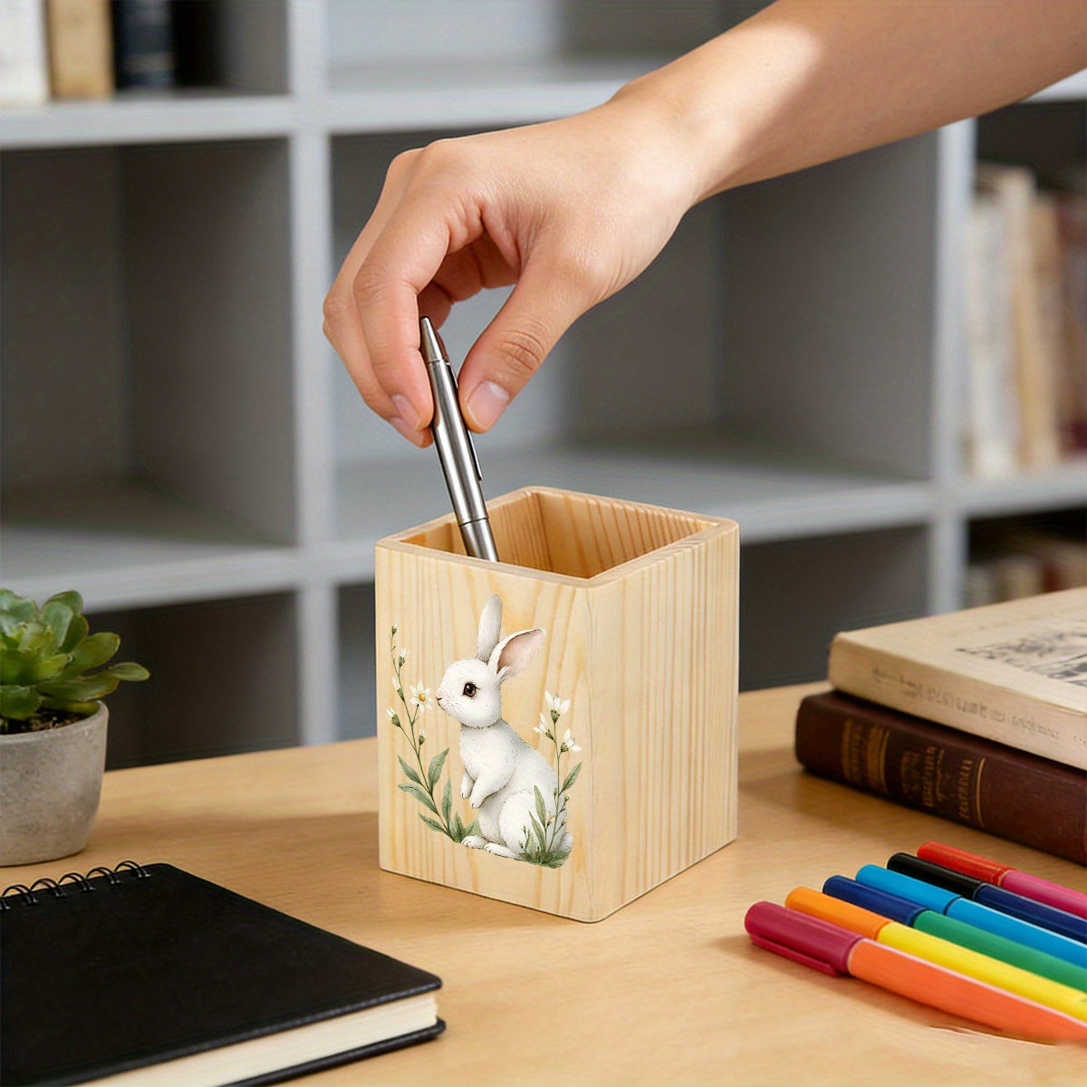 1pc Classic Square Wooden Pencil Holder, Stationery Organizer&wooden Vase, Vintage Style Remote Control & Pen Holder Organizer, Living Room Sundries Holder, Bedroom Earing Hair Ring Jewelry Storage Box, Home Organization And Storage Supplies