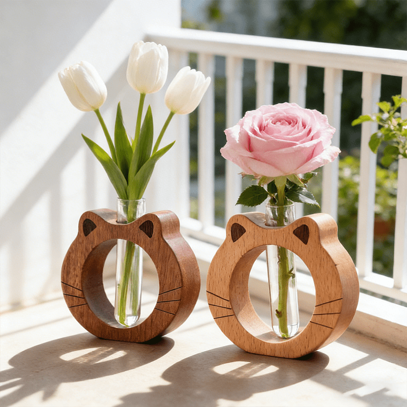 A Modern And Stylish Wooden Vase with a Cute Cat-Shaped Round Base, Featuring a Glass Tube for Transparent Flower Hydroponics. This Plant Hydroponic Vase Is Perfect for Home Decor, Hotel Apartments, And Office Desktop Ornaments