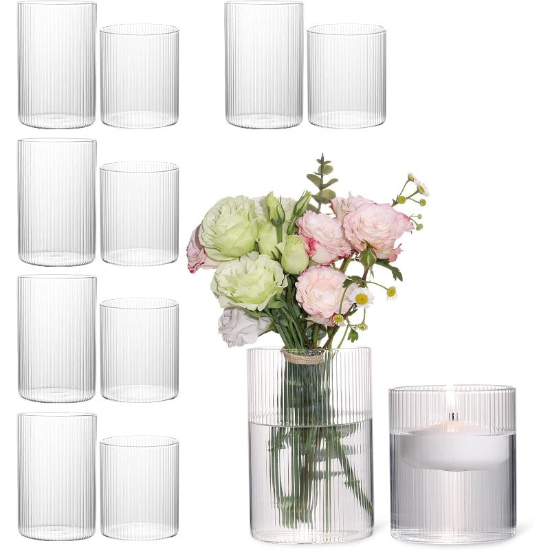 12pcs Clear Glass Cylinder Vases Set - Vintage Ribbed Vase Collection with 4\