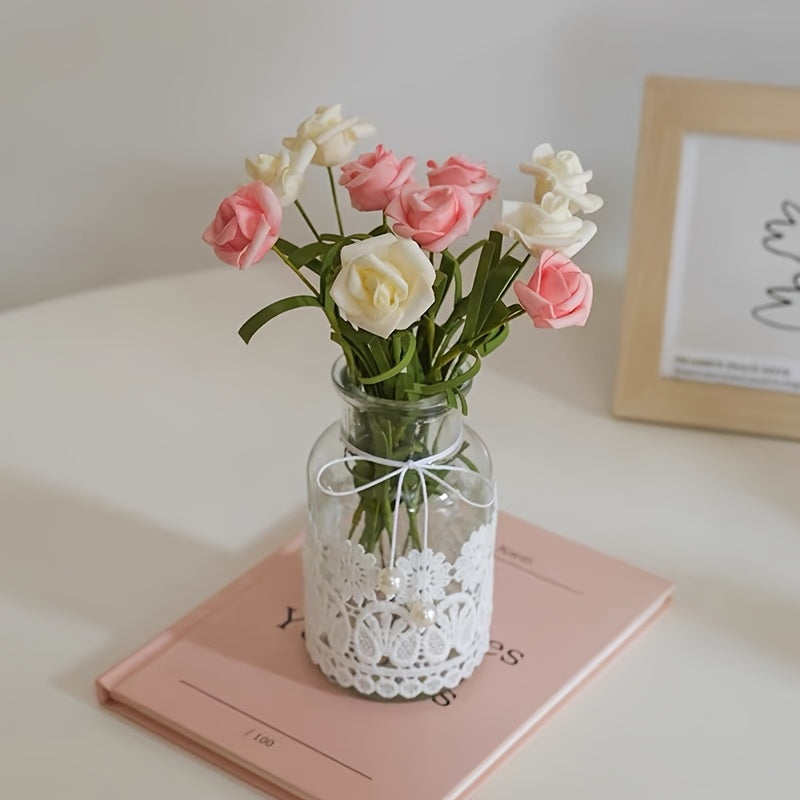 1pc Vintage Lace-Ring Detailed Clear Glass Bud Vase | Shatter-Resistant Compact Space-Saving Floral Holder for Guesthouse Windows, Bedside Tables, Wedding Table Scatters, Farmhouse Shelves & Cafe Countertop Displays