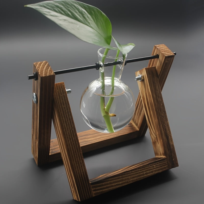 A Complete Kit for a Water Garden Featuring a Minimalist Hydroponic Glass Vase Set with a Wooden Display Stand, Perfect for Growing Herbs And Succulents, Adding a Touch of Elegance to Your Kitchen Or Workspace with Vibrant Greenery