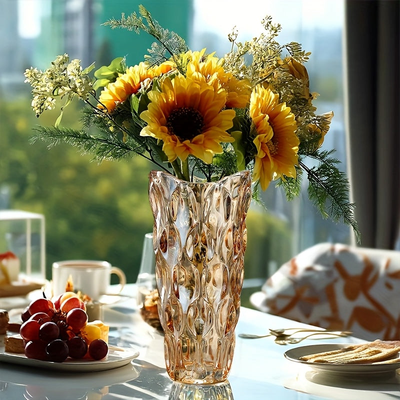 1pc Vintage Bohemian Crystal Glass Vase with Diamond Cut Patterns & Glossy Finish – 9-Inch Trumpet-Shaped Home Decor for Weddings, Table Centerpieces, and Elegant Floral Arrangements