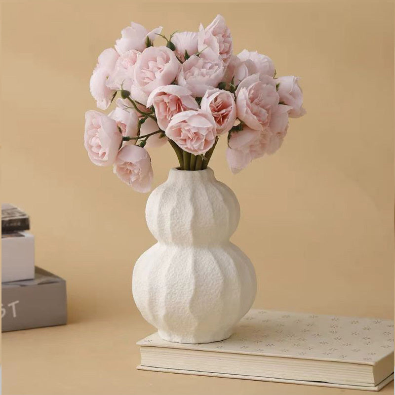 3pcs Bohemian Ceramic Vase Set - European Retro Wave-Like Textured White Glossy Round Cylindrical Vases, Multi-Size Ceramic Flower Pot for Decor, Table Centerpiece, Shelf Display, Wedding & Party Decoration (Ceramic Clay