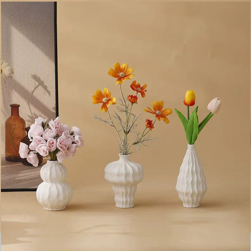 3pcs Bohemian Ceramic Vase Set - European Retro Wave-Like Textured White Glossy Round Cylindrical Vases, Multi-Size Ceramic Flower Pot for Decor, Table Centerpiece, Shelf Display, Wedding & Party Decoration (Ceramic Clay
